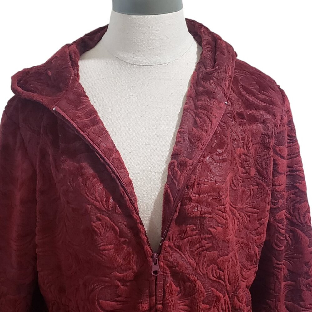 CT1932 Ethyl Red Faux Fur Floral Zip Front Hoodie M - Picture 2 of 9